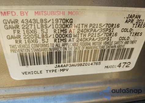 2011 Mitsubishi Outlander Sport Es from USA, damaged, VIN JA4AP3AU9BZ014765